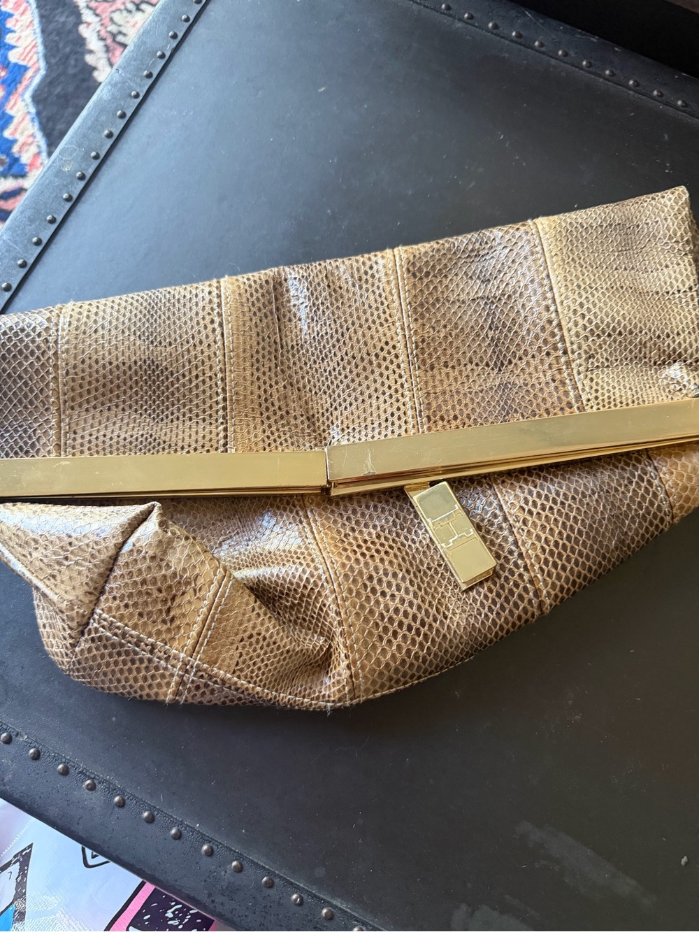 Halston Heritage Tan Lizard-Texture Foldover Clutch with Gold Trim